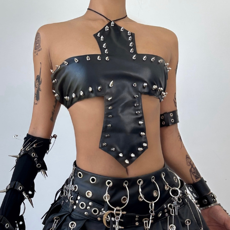 PU leather rivet self tie halter top