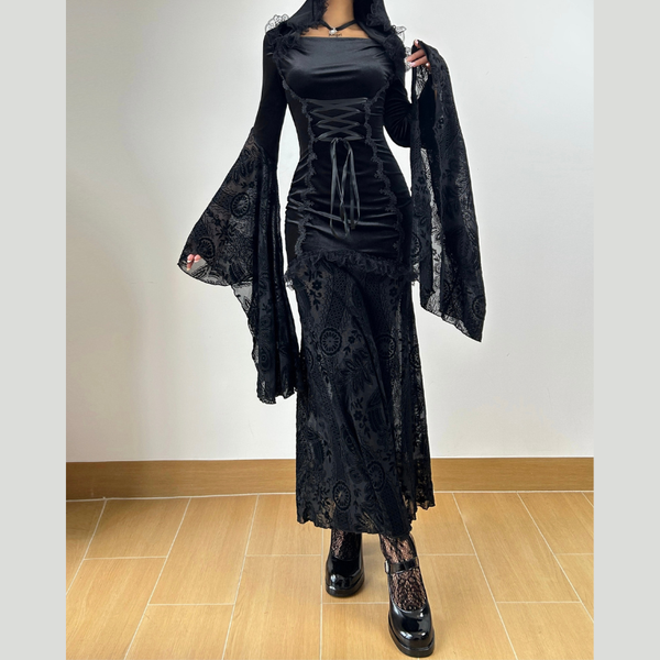 Hoodie long flared sleeve velvet maxi dress