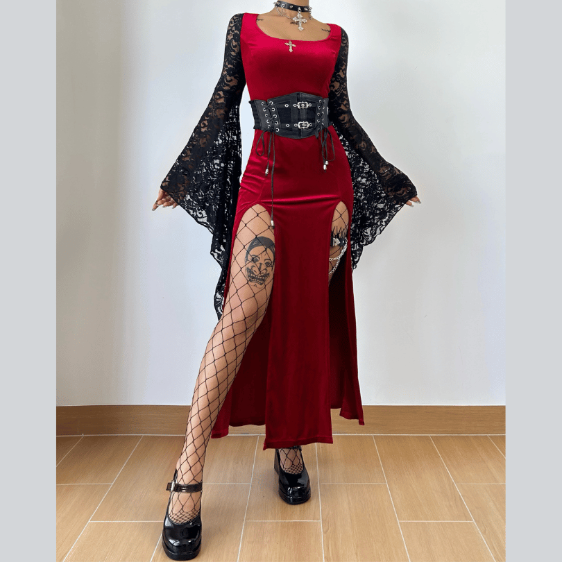 Long flared sleeve lace square neck slit midi dress – MUDSWEET