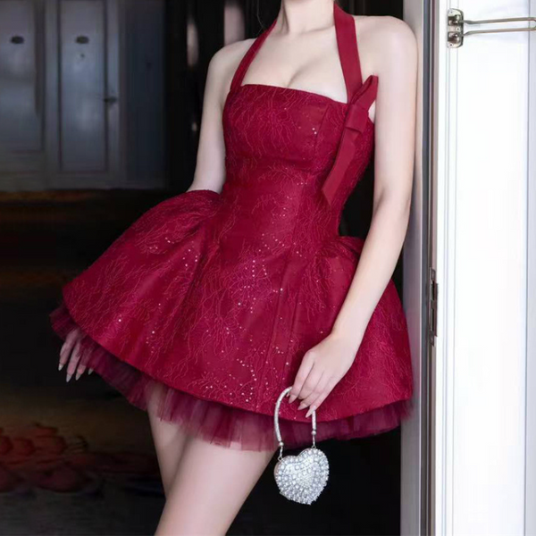 Halter square neck mesh zip-up glitter mini dress