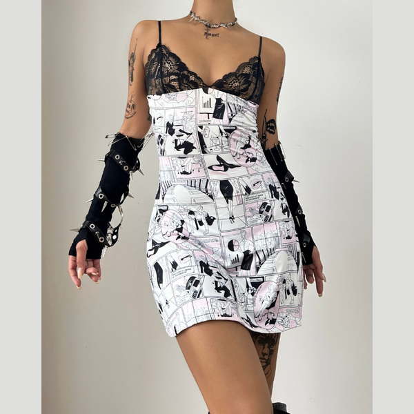 V neck abstract lace cami mini dress