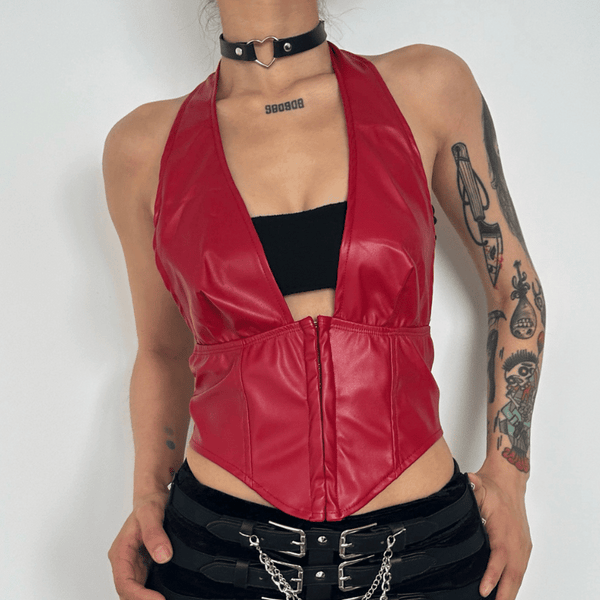 Halter PU leather V neck corset button top