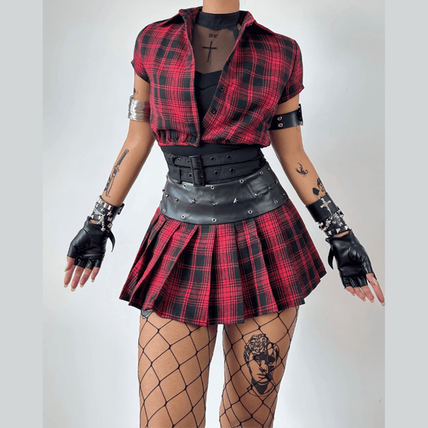 Plaid button pleated short sleeve 3 piece mini skirt set