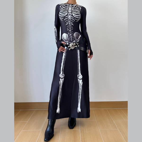 Long sleeve slit human skeleton print maxi dress