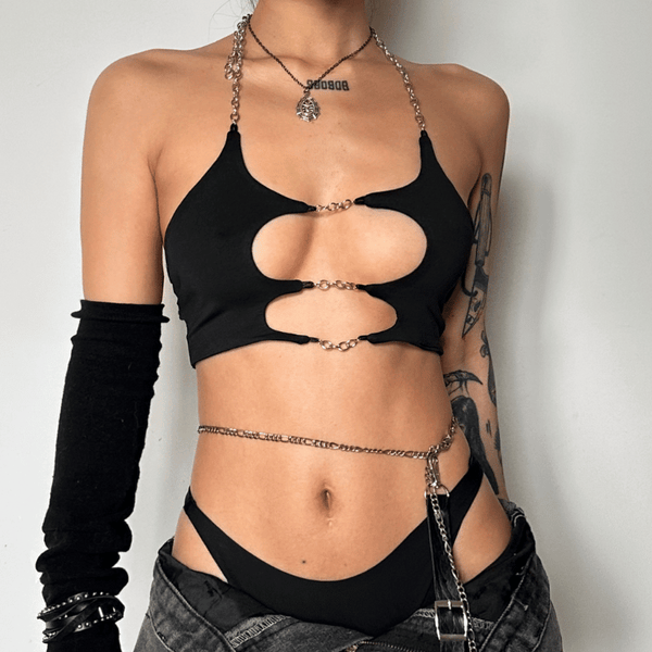 Metal chain hollow out solid crop halter top goth Alternative Darkwave Fashion goth Emo Darkwave Fashion