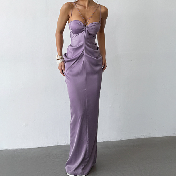 Padded satin ruched backless cami maxi dress