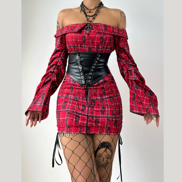 Off shoulder drawstring long sleeve corset mini dress
