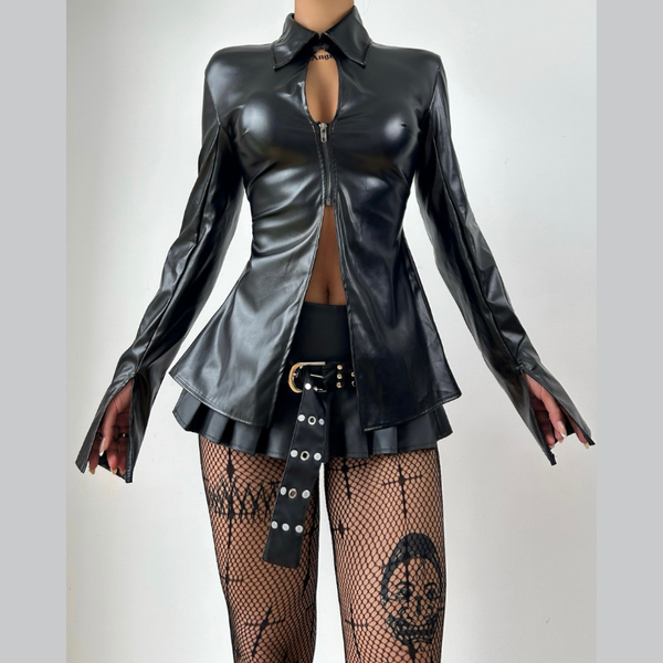 Turnover collar long sleeve PU leather zip-up top