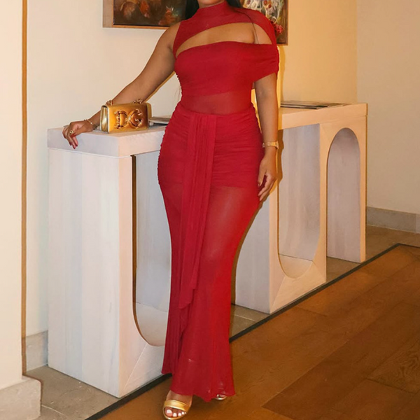 Crewneck hollow out solid ruched maxi dress