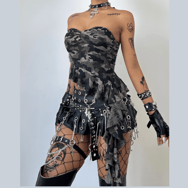 Irregular ruffled sweetheart neck camouflage backless tube top