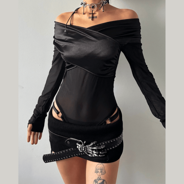 Off shoulder long sleeve mesh bodysuit