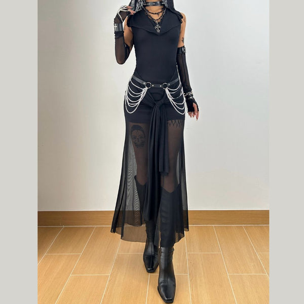 Mesh hoodie cowl neck ruched maxi dress