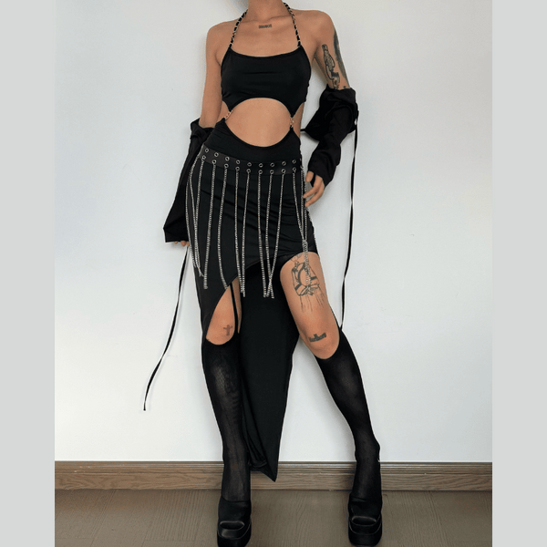 Metal chain halter backless hollow out slit solid midi dress