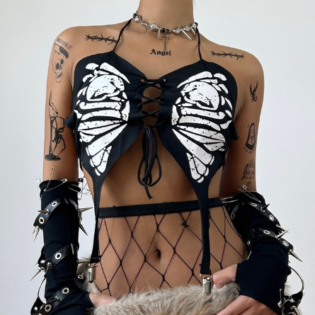 Halter butterfly print lace up backless top