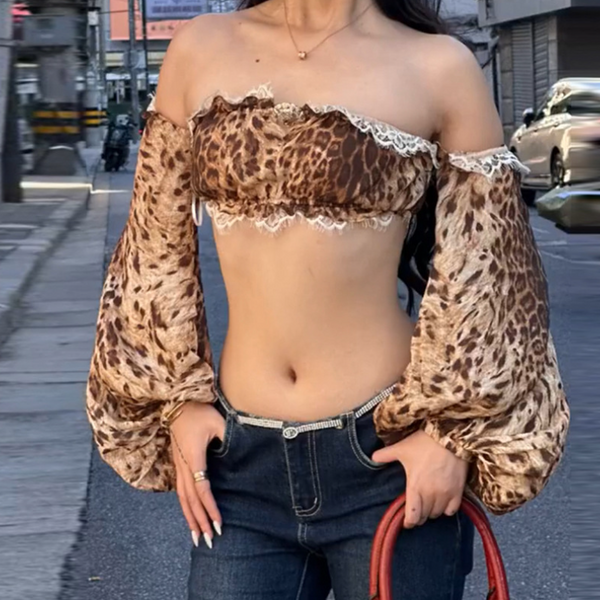 Leopard print long sleeve off shoulder lace hem top