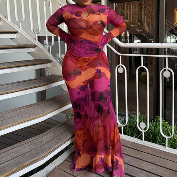 Long sleeve mesh ruched print maxi dress