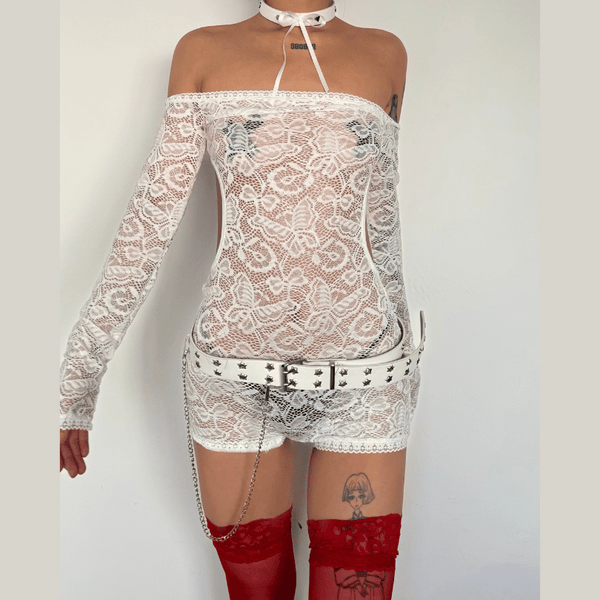 Long sleeve off shoulder backless lace see through romper