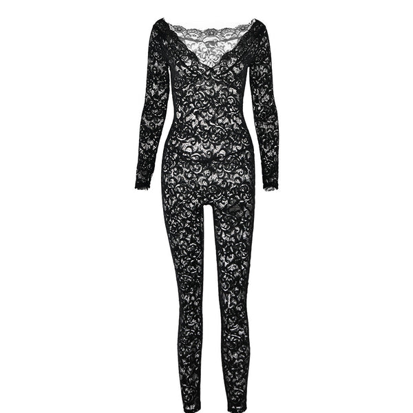 Long sleeve lace see through v neck jumpsuit