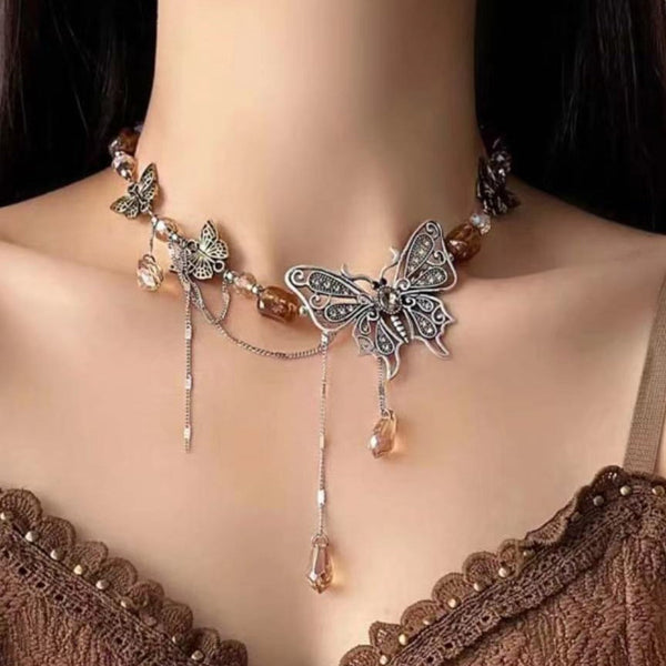Butterfly pendant beaded crystal necklace