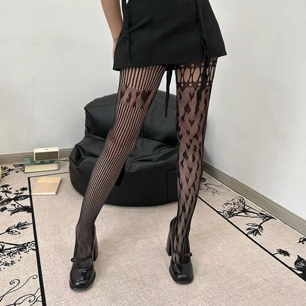 Heart pattern hollow out fishnet asymmetrical tights