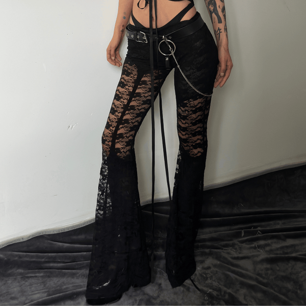 Lace see through solid stitch medium rise pant