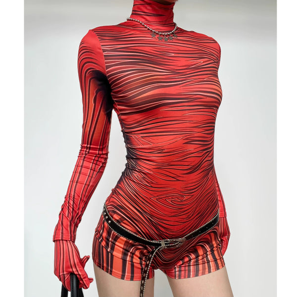 Striped zip-up contrast high neck long sleeve romper cyberpunk Sci-Fi Fashion