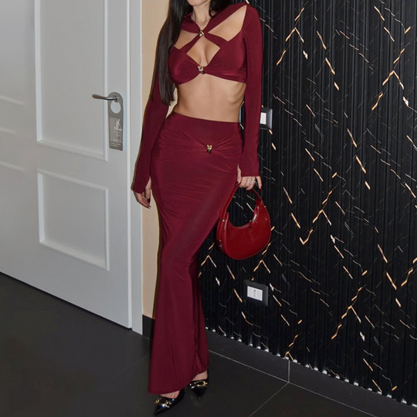 Long sleeve hollow out crop maxi skirt set