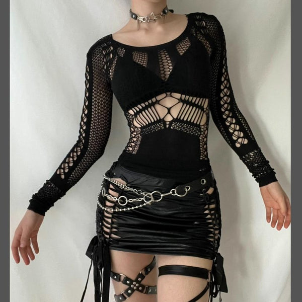 Mini vestido transparente de rejilla de manga larga con agujeros Moda Darkwave alternativa gótica Moda Darkwave emo