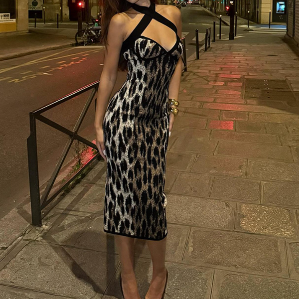 Halter leopard print v neck maxi dress