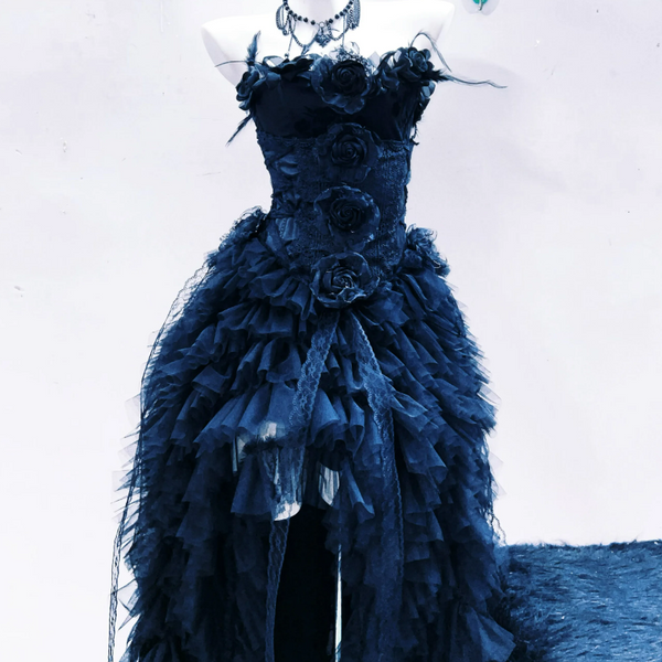 Flower applique ruffle feather tube maxi dress