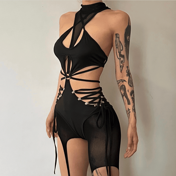 High neck o ring hollow out lace up gloves bodysuit