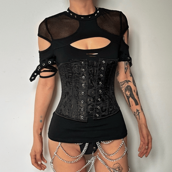 Fishnet patchwork hollow out short sleeve buckle top