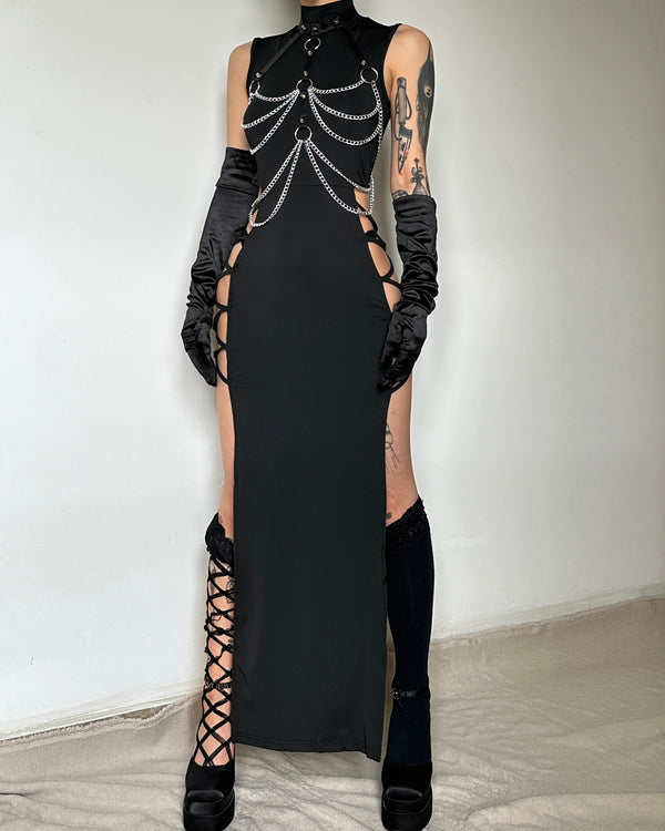 Hollow out lace up high neck dress