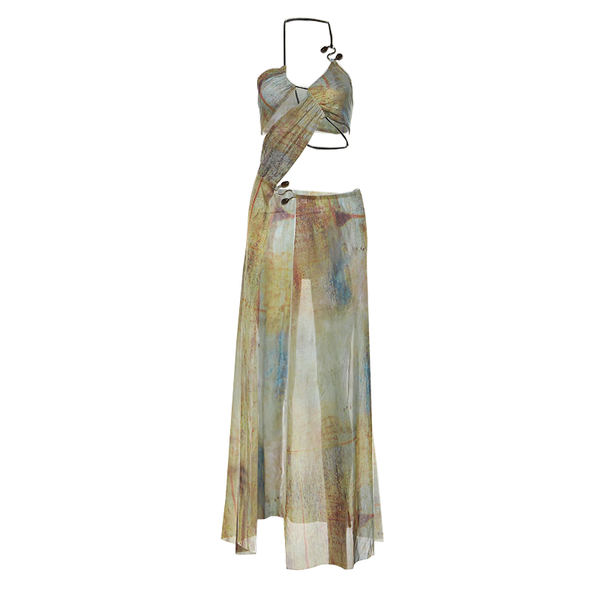 Vestido largo de malla transparente irregular con teñido anudado y cordón halter 