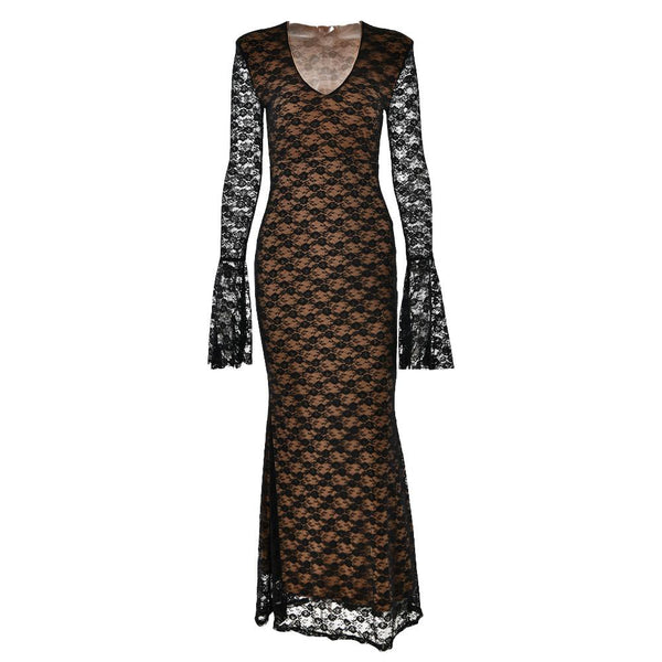 Long flared sleeve lace v neck patchwork maxi dress