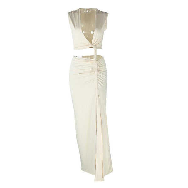 Irregular ruched slit hollow out v neck maxi dress