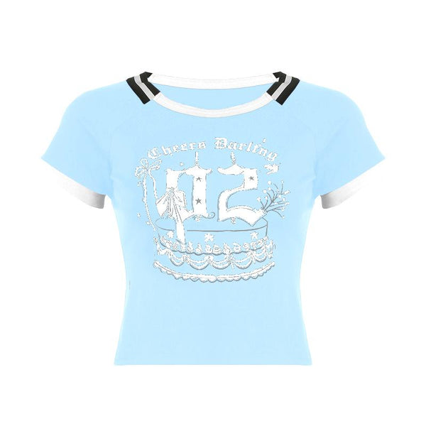 Short sleeve letter print contrast stitch top