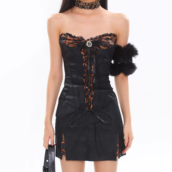 Ruffle slit PU leather lace up leopard print mini dress