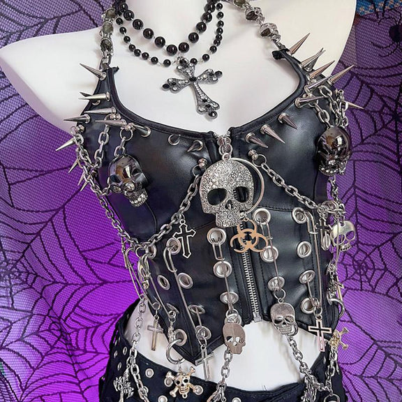 Skull metal chain PU leather lace up rivet tube top