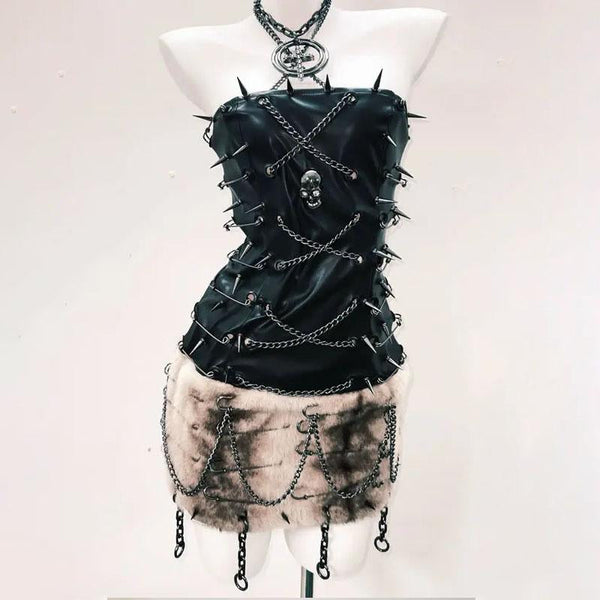 Metal chain PU leather fluffy skull applique mini dress