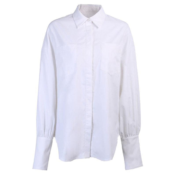 Long sleeve button turnover collar pocket solid top