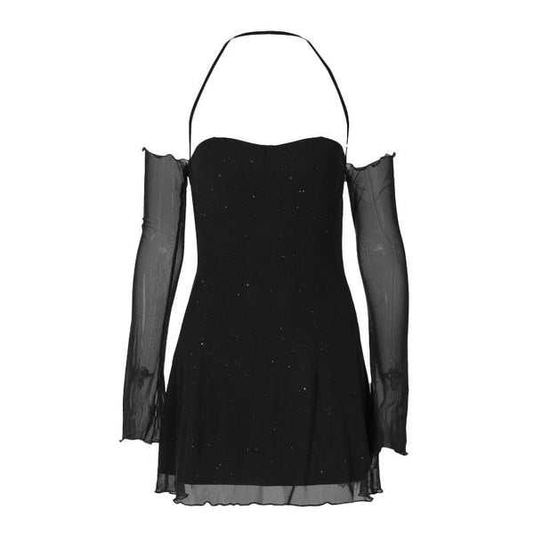 Long sleeve halter mesh glitter off shoulder mini dress