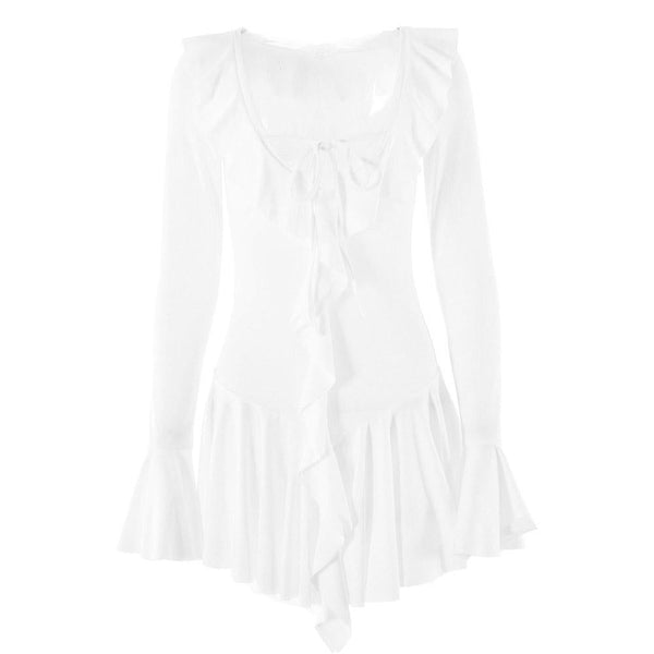 Long flared sleeve v neck self tie ruffle mini dress