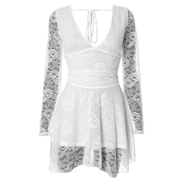 Lace v neck long sleeve self tie backless mini dress