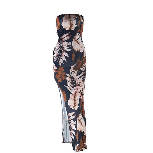 High slit print irregular tube maxi dress