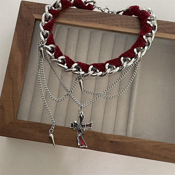 Metal chain cross decor red choker necklace