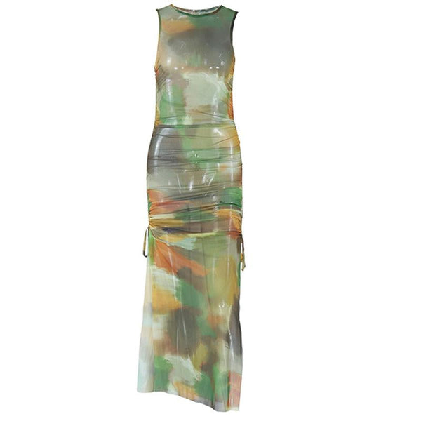 Drawstring ruched tie dye sheer mesh midi dress