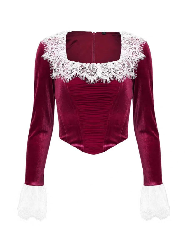 Long flared sleeve lace patchwork velvet zip-up top