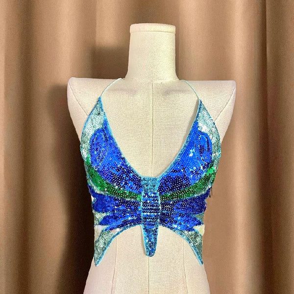 Halter glitter v neck butterfly pattern self tie crop top