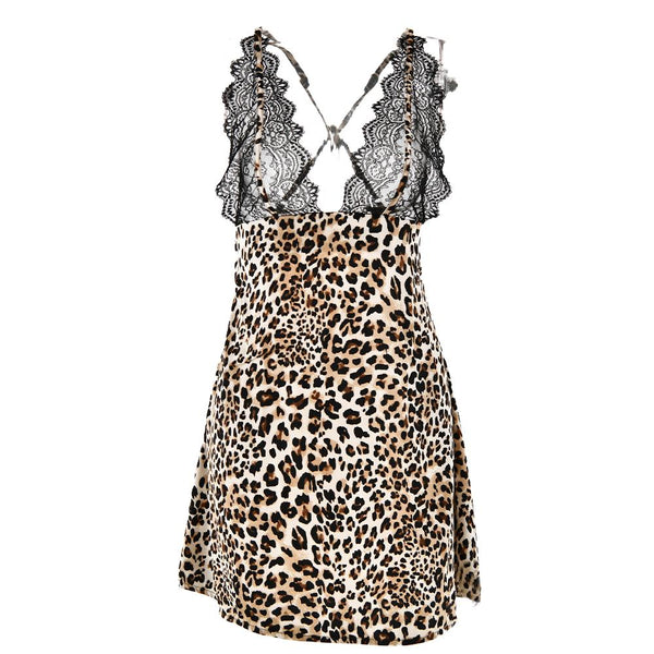 V neck leopard print lace see through cami mini dress